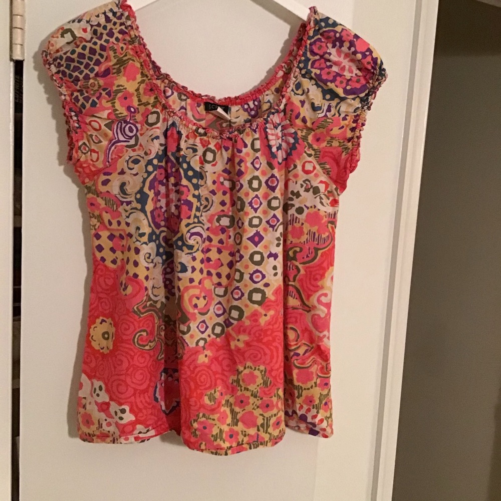 J.CREW Smocked Abstract Print Cotton Peasant Top